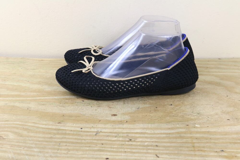 Rothy's Womens 7.5 Round Toe The Ballet Flat Noir Mesh Black Knit Bow Shoes